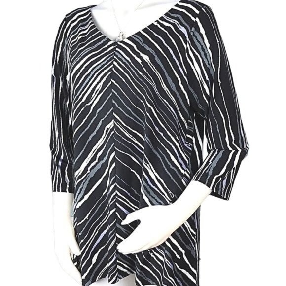 Bob Mackie Black Gray White V-Neck Wearable Art Striped Tunic Medium - Picture 6 of 6